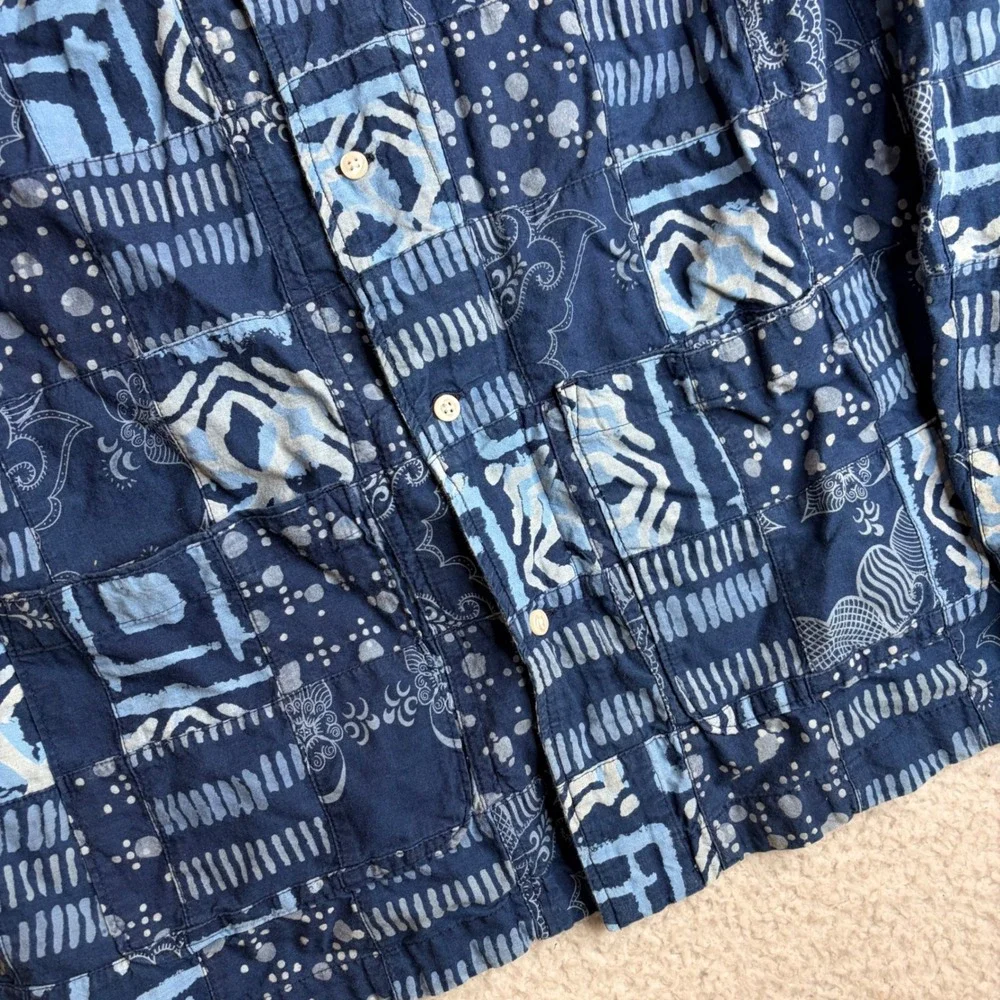 J. Crew Indian Madras Patchwork Indigo Blue Block Print Shirt XL BH694 SU22